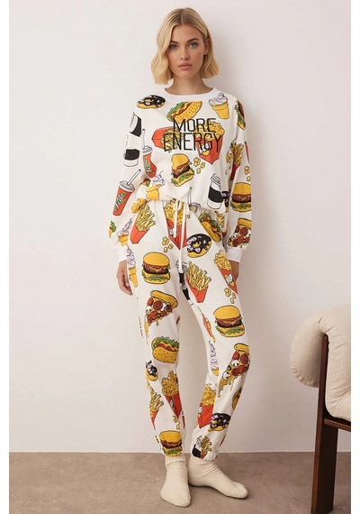 Benerly Kadın Bisiklet Yaka Düşük Kol Fitted Örme Pijama Takımı Fonksiyon Beyaz