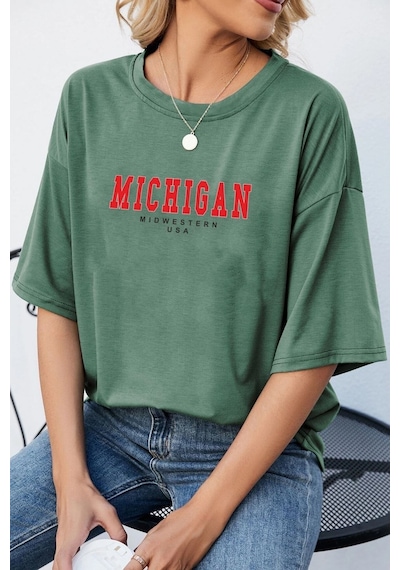 Flood Of Style Unisex Michigan Baskılı T-shirt Yeşil