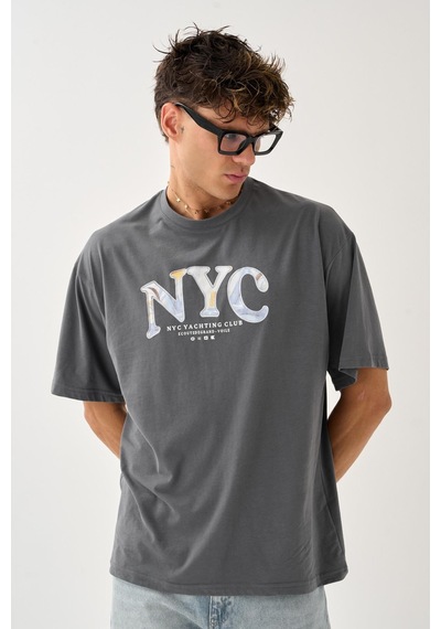 Geniş Kalıp Bisiklet Yaka Baskılı Unisex T-shirt Gri