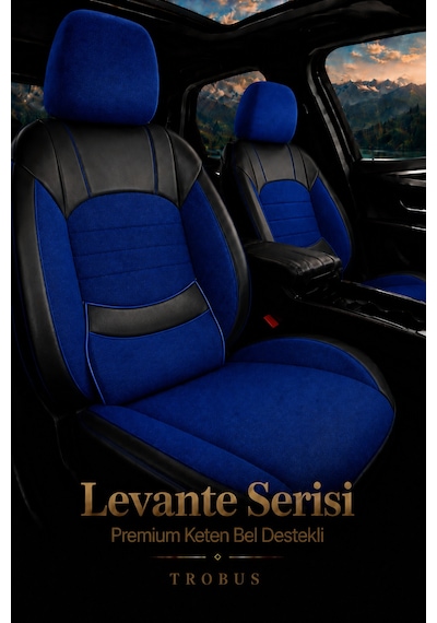 Levante Serisi Bel Destekli Keten Mavi Siyah Üniversal Koltuk Kılıfı Tam Set