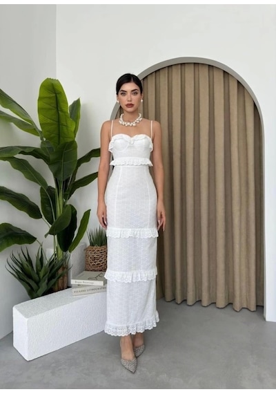 Defymoda Lere Ip Askılı Elbise Beyaz
