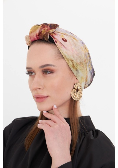 Hürrem Bone Gold Pratik Hazır Geçmeli Tesettür Bone Kesik Elyaf Retro Desenli 2409 03 Gold Sarı