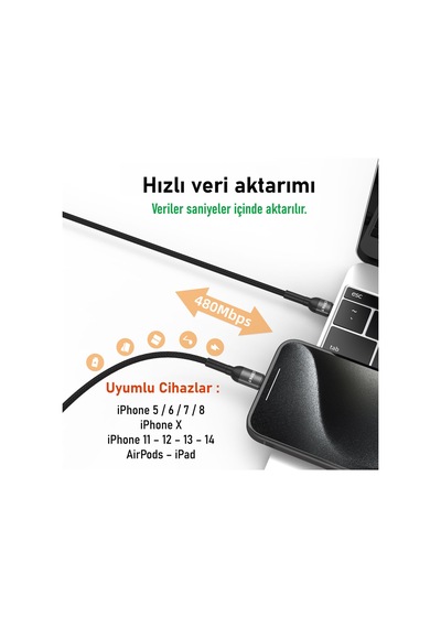 Stream İphone Uyumlu 30w Pd Hızlı Şarj Kablosu 1.2m Örgülü Type-c To Lightning Siyah