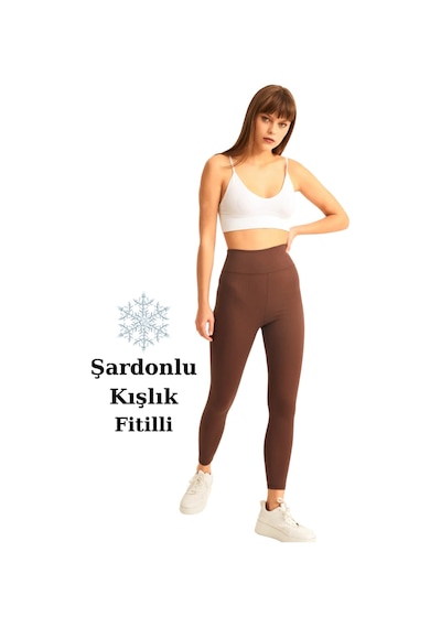 Thiff Gymwear Haki Yüksek Bel Fitilli Toparlayıcı İnterlok Örme Şardonlu Spor Kışlık Tayt Kahverengi