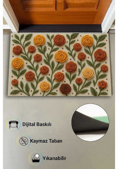 Valerine Life Sıcak İlmekler Nakışlı Güller Temalı Welcome Hoş Geldiniz Dijital Baskılı Kapı Önü Pas Kahverengi