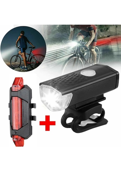 Su Geçirmez Usb Şarj Led Bisiklet Scooter Ön Far Arka Işık Lambası Işık Seti Bisiklet Far Kırmızı  - Siyah