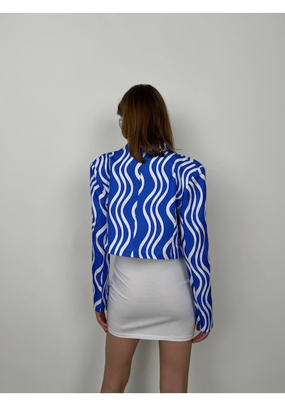 Vuvutasarım Yeni Sezon Desenli Simetrik Katlamalı Yaka Tek Düğme Crop Kadın Blazer Ceket 24s08012 Mavi