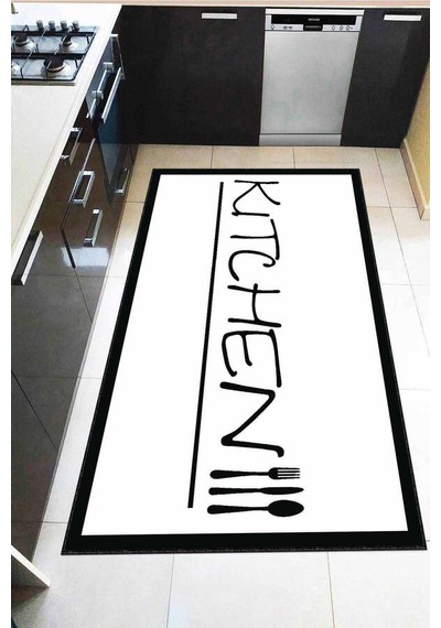 Beyaz Kaymaz Tabanlı Kitchen Yazılı Mutfak Halısı Ar182n11