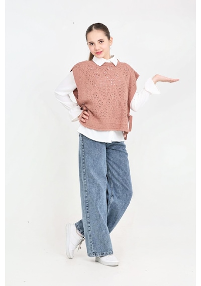 Modanino Kız Çocuk 3'lü Jean Takım Pantolon+gömlek+triko Yelek 5-15 Yaş 12545 Gül Kurusu