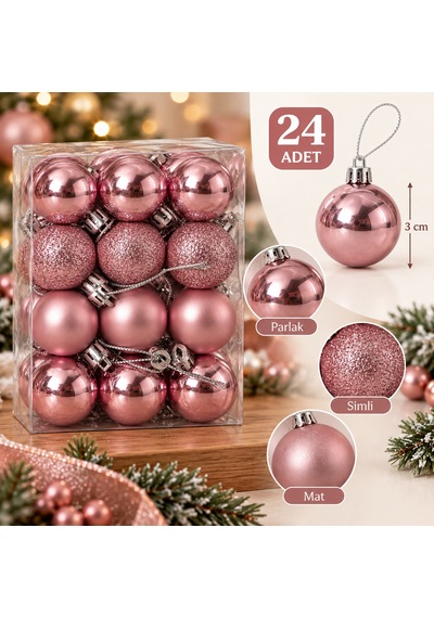 Bakgelal 24 Adet Pudra Pembe Yılbaşı Ağaç Süsü Seti - 3 Cm Parlak, Mat Ve Simli Mini Çam Ağacı Topu Seti - 9059724709127 Diğer