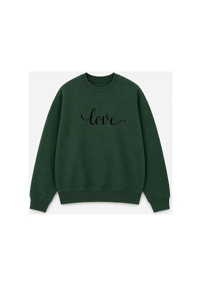 Herkesemoda Love Yazı Baskı Detaylı Şardonlu 2 İplik Bisiklet Yaka Sweatshirt Yeşil