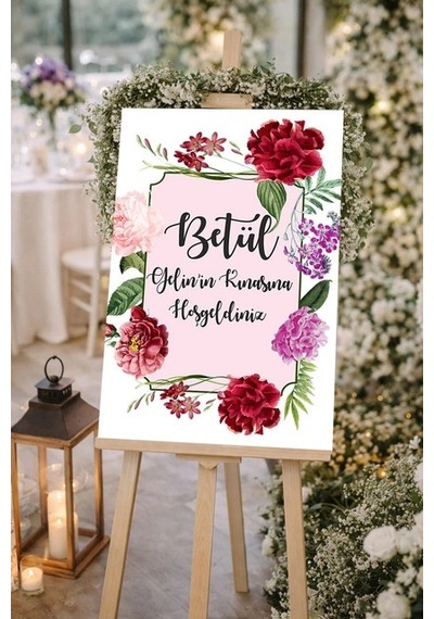 Kırmızı Çiçekli Düğün, Nişan Ve Söz Karşılama Panosu 50x70 Cm