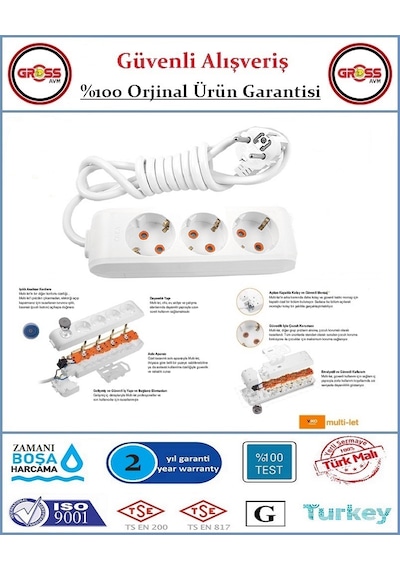 Viko Multi-let Üçlü Topraklı Priz - 3 Metre - Çocuk Korumalı