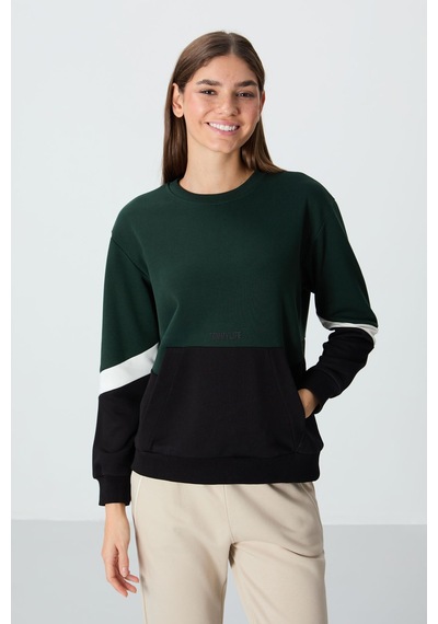 Tommy Life Çam Yeşili Kompakt Pamuklu Kalın Pürüzsüz Dokulu O Yaka Oversize Fit Kadın Sweatshirt - 97289 Yeşil
