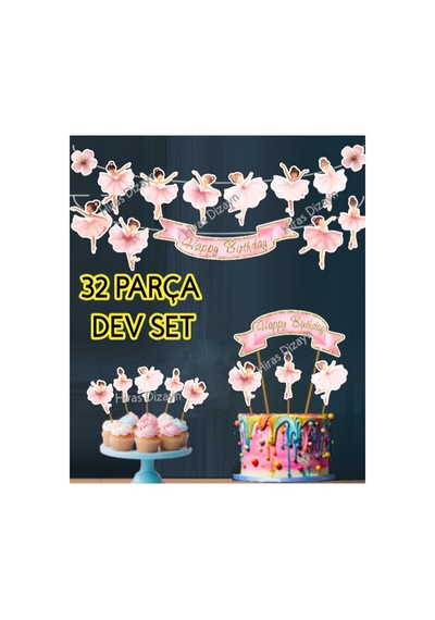 32 Parça Balerin Happy Birthday Parti Balo Banner Pasta Kürdanı Cupcake Doğum Günü Süsü 20