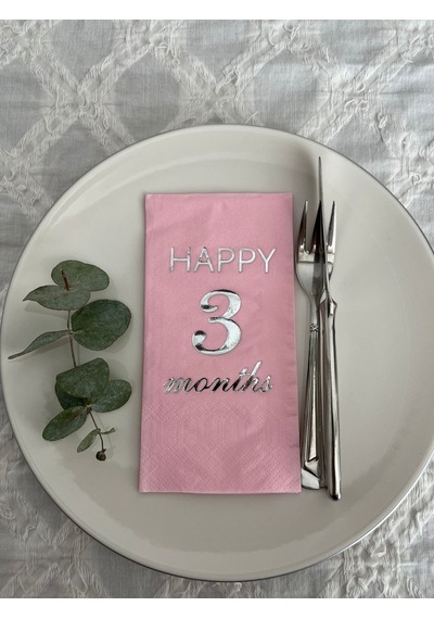 Gümüş Yaldızlı Pembe Happy 3 Yaş Months Garson Katlama Peçete 16 Adet