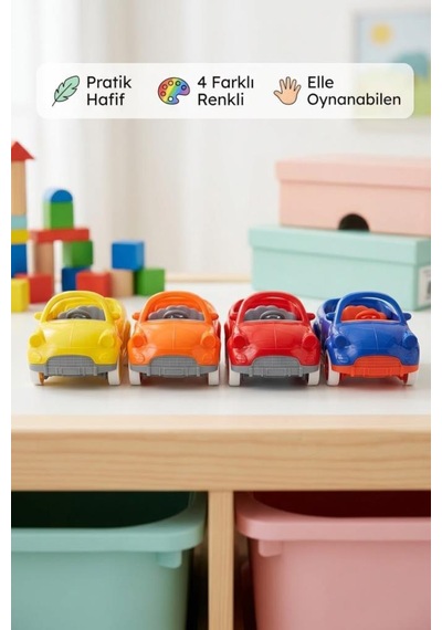 4'lü Mini Elle İttirmeli Renkli Yerli Üretim Eğitici Ve Eğlenceli Oyuncak Araba Seti Çok Renkli
