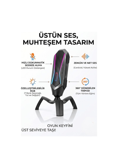 Podcast Yayıncı Mikrofonu Tak Çalıştır 7 Renk Rgb Işıklı Gürültü Engelleyici Kardioid Alıcı Mikrofon