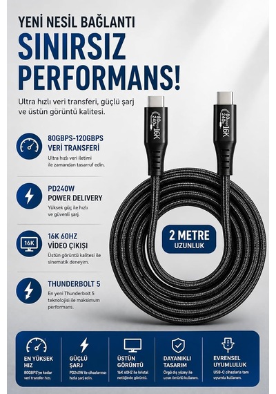 Thunderbolt 5 Usb-c To Usb-c Kablo, 80gbps-120gbps Veri Transferi, Pd240w Power Delivery, 16k 60hz Video Çıkışı, E-marker Akıllı Çip, Thunderbolt 3/4/5 Uyumlu 2 Metre Zr1323 Siyah Thunderbolt 5 Usb-c To Usb-c Kablo, 80gbps-120gbps Veri Transferi, Pd240w Power Delivery, 16k 60hz Video Çıkışı, E-marker Akıllı Çip, Thunderbolt 3/4/5 Uyumlu 2 Metre Zr1323 Siyah