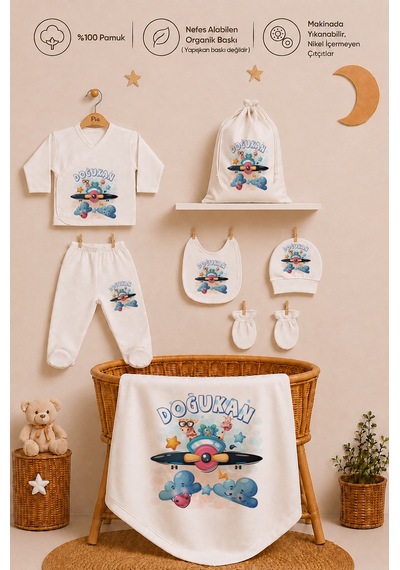 Pia Baby İsimli Erkek Bebek %100 Pamuk Zıbın Set Yastık Kılıfı Battaniyeli Kıyafet Keseli 2048zybk0x Ekru