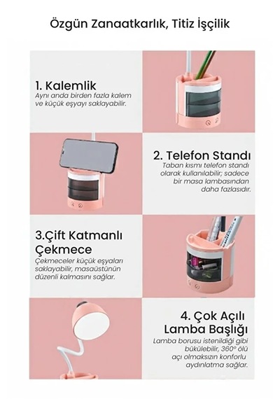 Göz Korumalı Led Masa Lambası Mavi Işık Filtreli, 4 Işık Modlu, Telefon Tutuculu, 360 Esnek Gövde Pembe
