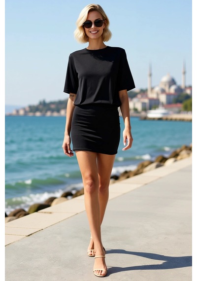 Benerly Kadın Mini Bodycon Kısa Kollu Bisiklet Yaka Esnek Örme Elbise Las Siyah