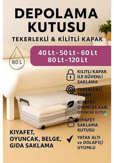 Tr Tekerlekli 80lt Saklama Kutusu 3 Adet Kilitli Kapaklı Şeffaf Organizer Kutu Kıyafet,oyuncak,depolama Beyaz Genel