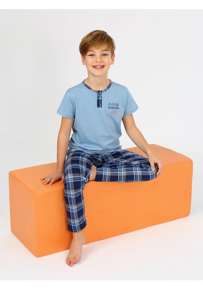 Vitmo Erkek Çocuk Kısa Kollu %100 Pamuklu Düğme Detaylı Cool Boy Pijama Takımı Mavi