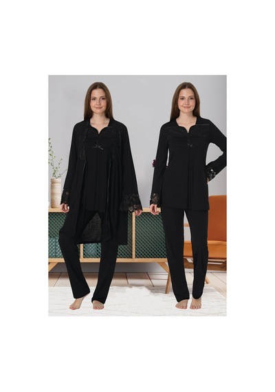 Effortt Dvina Lohusa Hamile Sabahlık Ve Uzun Kollu Pijama Takımı - 3'lü Set - Siyah Siyah