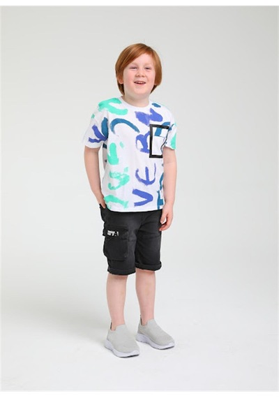 Escabel Erkek Çocuk Pamuklu Renkli Batik Yazılı Tshirt-12834-beyaz Beyaz