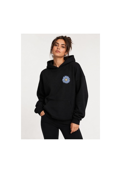 Herkesemoda Papatya Baskılı Kapüşonlu 2 İplik Şardonlu Sweatshirt Siyah