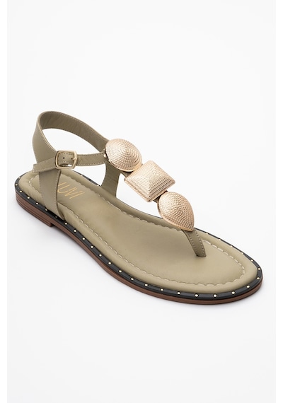 Luvishoes Luvi Shoes Helen Yeşil Hakiki Deri Parmak Arası Gold Tokalı Kadın Sandalet Yeşil