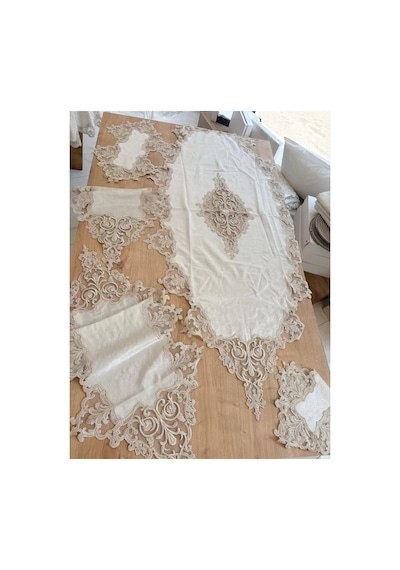 Salon Takımı Çeyizlik Krem Runner Set 5 Parça Kadife Masa Örtüsü Runneri Eva Bzckh1952 Çok Renkli