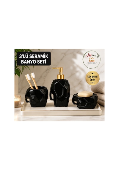 3 Lü Seramik Fil Figürlü Parlak Siyah Dekoratif Banyo Seti,diş Fırçalık+sıvı Sabunluk+katı Sabunluk Siyah