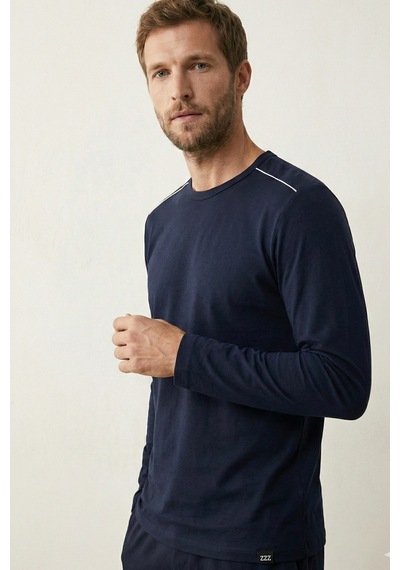 Elemge %100 Pamuk Süprem Uzun Kollu Pijama Üstü Erkek T-shirt Compact Penye Rahat Kalıp Tok Kumaş Lacivert