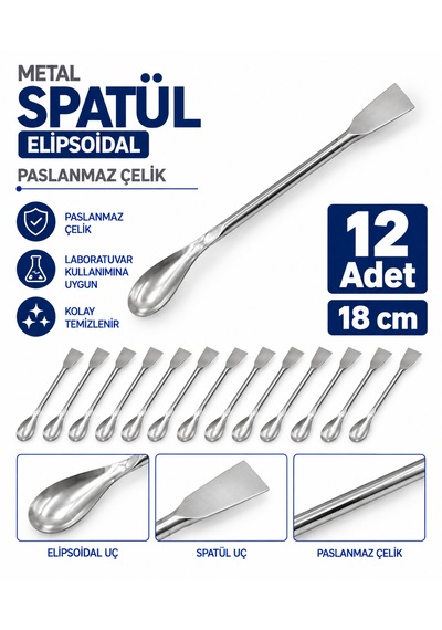Metal Spatül - Elipsoidal 18 Cm - Paslanmaz Çelik Spatula- 12 Adet
