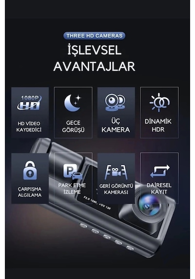 Buğz Siyah 1080p Araç İçi 3 Kameralı Lcd Ekranlı Gece Görüşlü , G-sensör , Geri Görüş Kamera