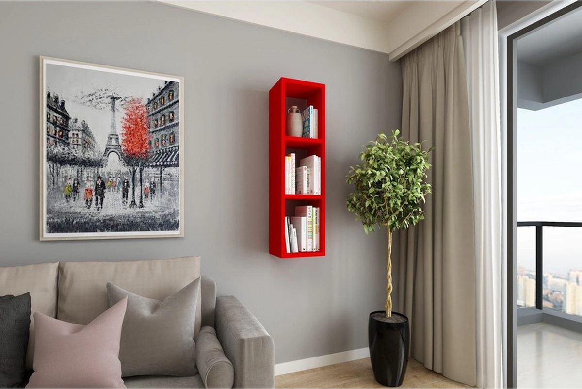 Duvar Rafı Tek Kitaplık 90 Cm Mobilya Kırmızı Kırmızı
