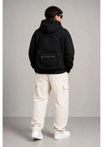 Erkek 3 İplik Şardonlu Tam Fermuarlı Kapüşonlu Arka Çanta Detaylı Sweatshirt - Siyah