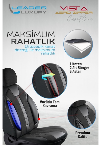 Ford Focus Collection Keten Oto Koltuk Kılıfı Ön Arka Set Dark Siyah Vista Seri