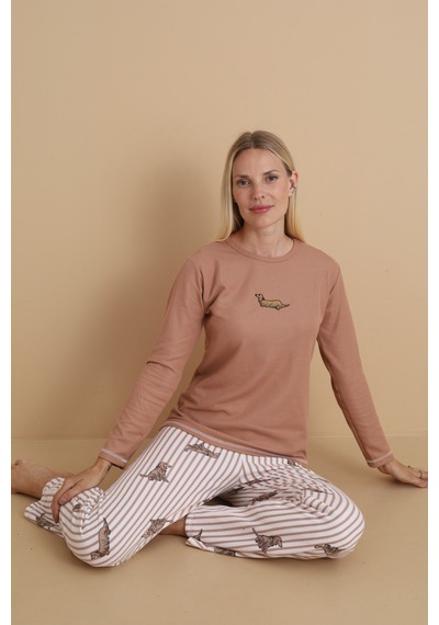 Wordex Mırano 3103 Waffle Soft Kumaş Köpek Desenli Kışlık Ev Kadın Pijama Takımı Vizon