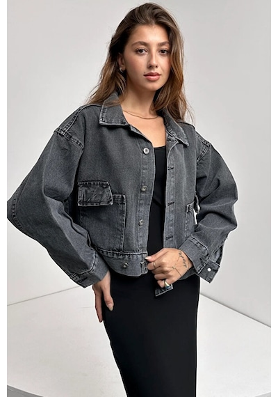 Moda Çift Cep Beli Düğme Detaylı Denim Ceket Gümüş
