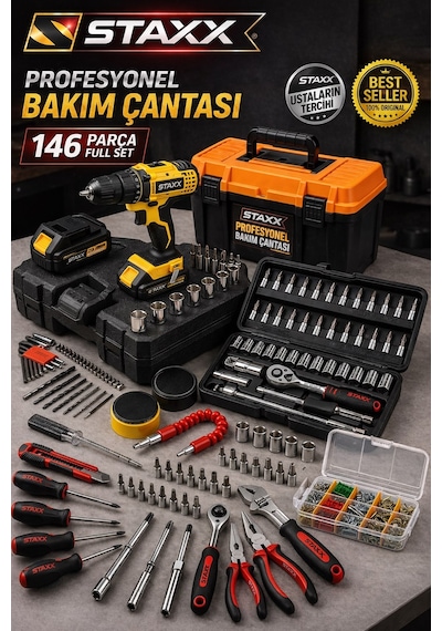Staxx Stx146set 146parça Bakım Çantası Seti Akülü Matkaplı Lokma Tornavida Pense Full Usta Takım Set