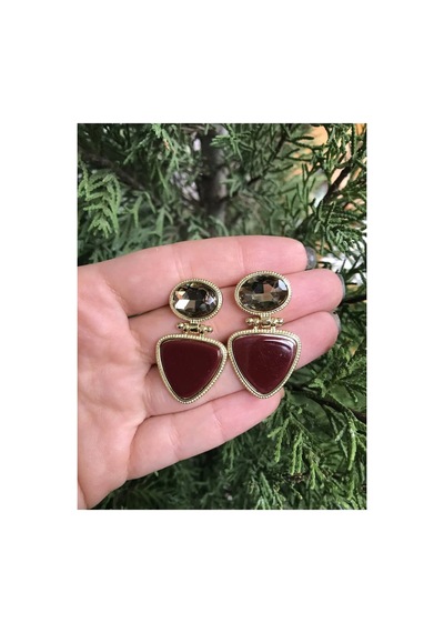 Yeni Sezon Bordo Kristal Detaylı Küpe
