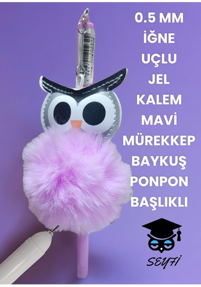 0.5 Mm İğne Uçlu Jel Tükenmez Kalem Mavi Mürekkep Baykuş Ponpon Başlıklı Pembe