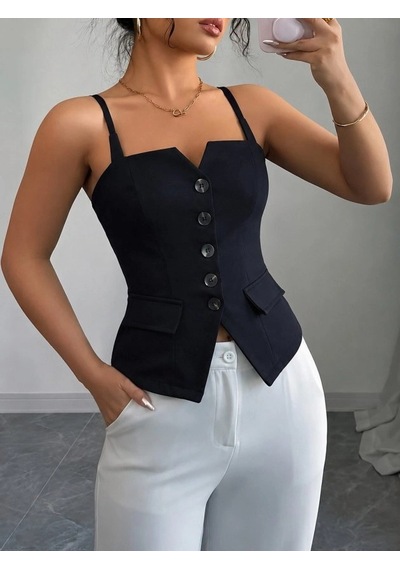 DefyModa Kadın Askılı Önü Döğmeli Atlas Bluz Siyah