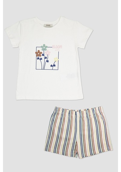 Kız Çocuk Çizgi Desenli Ekru Pijama Takımı 16246184