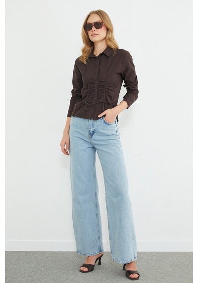 Fullamoda Önü Büzgülü Slim Fit Gömlek Kahve