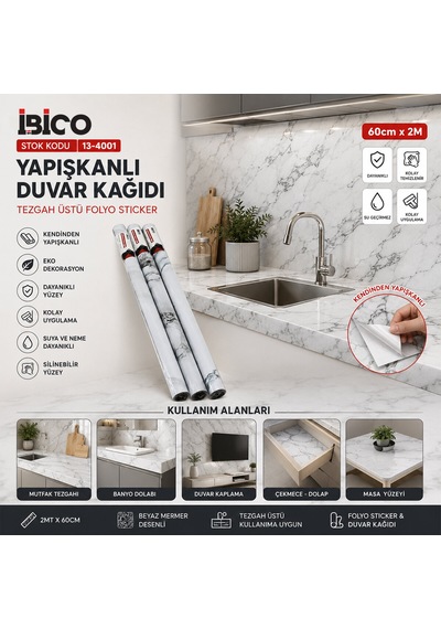 2mt X 60cm Beyaz Mermer Desenli Tezgah Üstü Folyo Sticker - Duvar Kağıt Kendinden Yapışkanlı - Eko Dekorasyon - Dayanıklı 5705