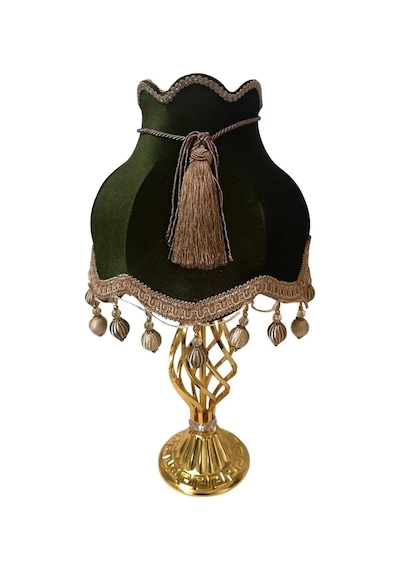Haki Kadife Kaplı Gold İşlemeli Başlık Metal Burgulu Gold Ayaklı Klasik Model Abajur 50x30cm